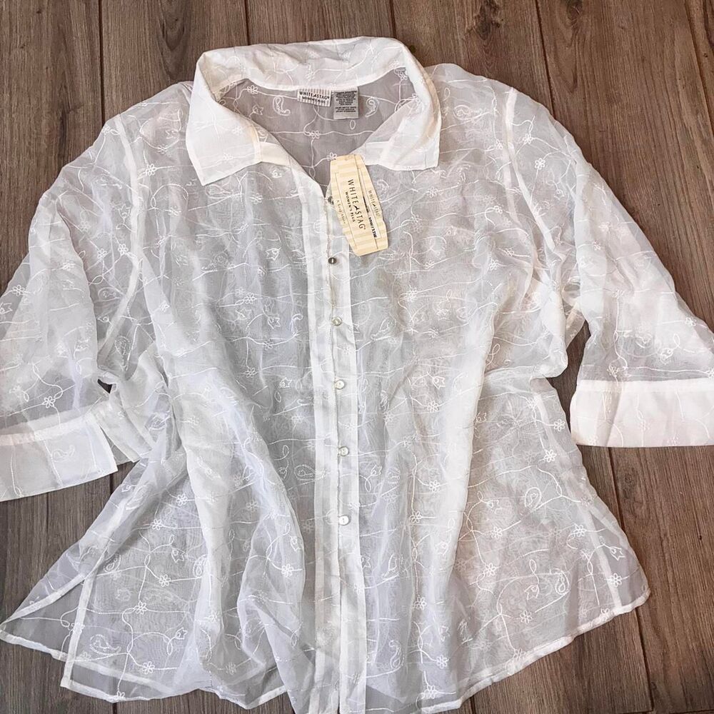 White sheer button-up blouse with white floral embroidery (30/32W)